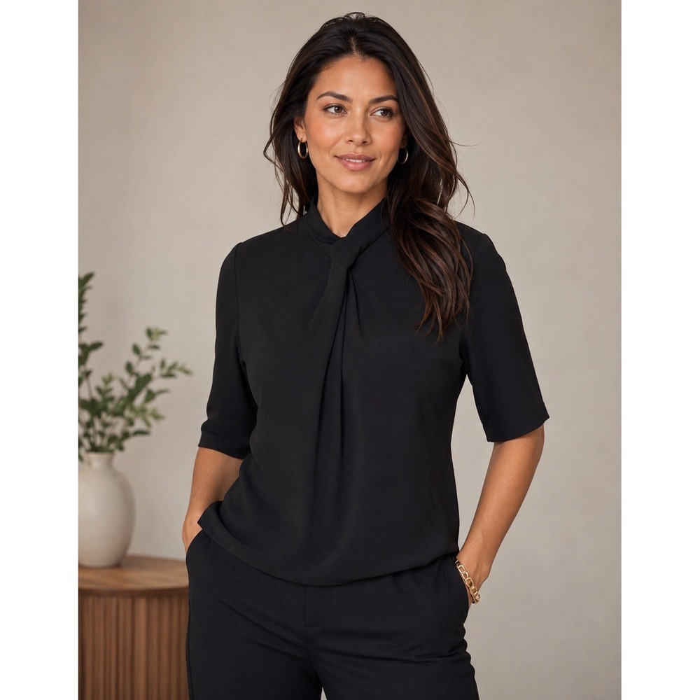 Karen Millen Black Mock Neck Stretch Knit Top Career Office Minimalist US 6‎